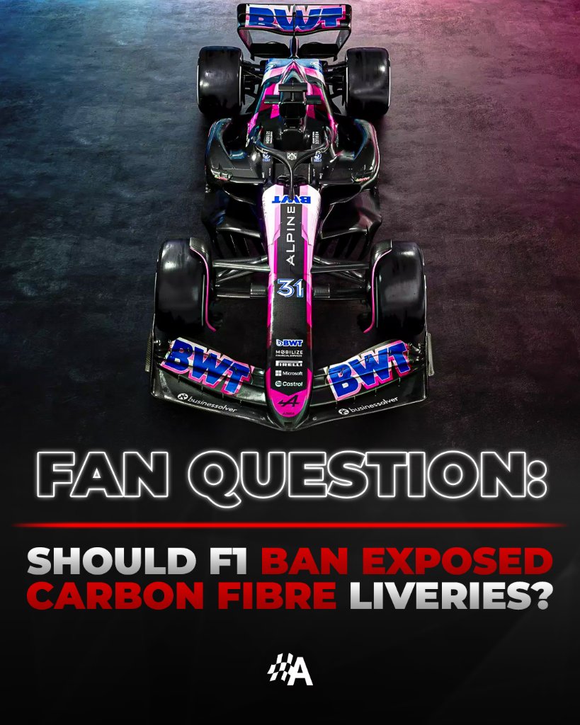 autosport's tweet photo. Is it time #F1 stepped in to stop the flood of carbon fibre-based liveries in the series? 🤔 

Tell us your thoughts in the comments 👇 https://t.co/srpez1jv9d