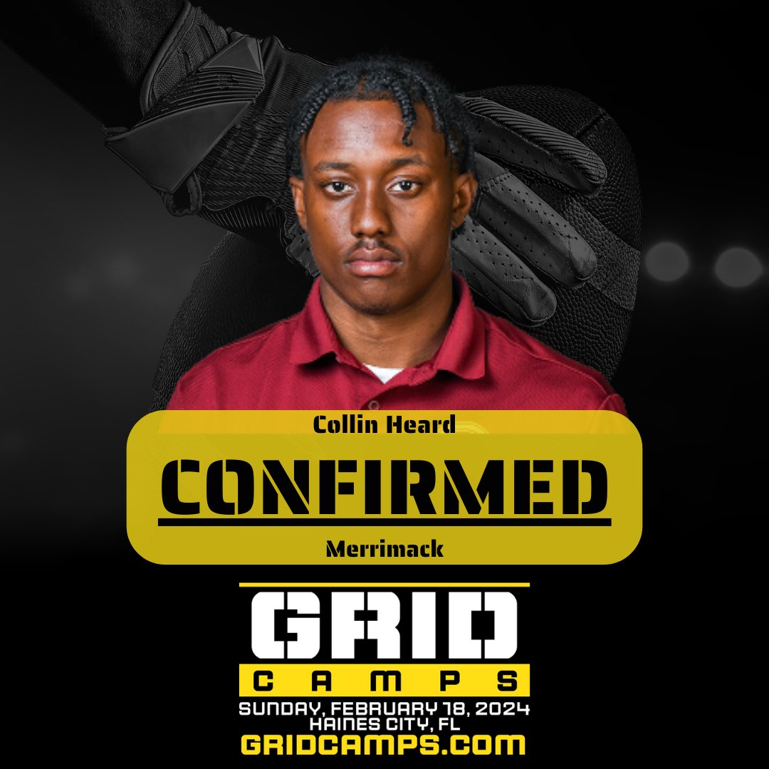 Free Agent DB Collin Heard (<a href="/Collin_Pagado/">Collin</a>) from Merrimack (<a href="/Merrimack_FB/">Merrimack Football</a>) is confirmed for the next <a href="/GRIDCamps/">GRID Camps</a> -- 2/18/24.

Heard began his college career at Colgate, dominating the opposition on defense and special teams. When he moved to Merrimack, he played free safety,