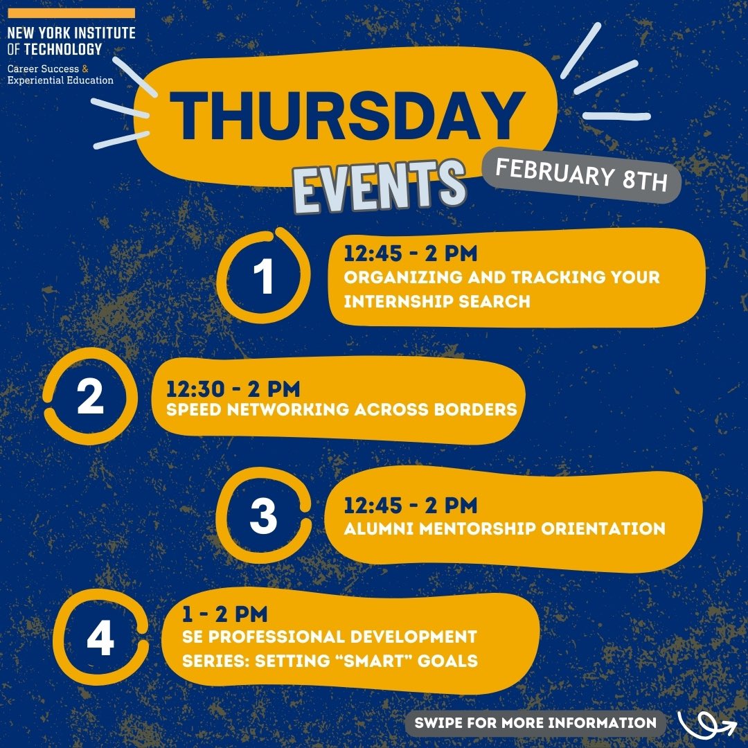 NYITcareer's tweet image. Decisions, decisions… 🤔 Thursday’s packed with opportunities! From development workshops to internship insights and graduation BootCamp, the options are endless! Join these events and register through Handshake!                     #Thursdayevents #CSEE #NYIT