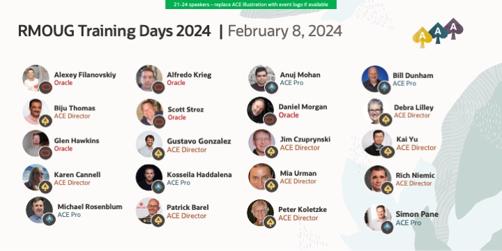 Oracle ACE Program (@oracleace) on Twitter photo RMOUG Training Days 2024 is starting tomorrow! Have you checked the agenda yet? Check out the speakers 👉
<a href="/AnujMo/">Anuj Mohan</a> <a href="/OATCInc/">OATC</a> <a href="/biju_thomas/">Biju Thomas</a> <a href="/racdba/">Charles Kim</a> <a href="/debralilley/">Debra Lilley</a> <a href="/ggonza4knex/">Gustavo Gonzalez</a> <a href="/patch72/">Patrick Barel</a> <a href="/RichNiemiec/">Rich Niemiec</a> <a href="/simonpane/">Simon Pane</a>
social.ora.cl/6012RWOSw
#OracleACE <a href="/RMOUG_ORG/">RMOUG</a> RMOUG Training Days 2024 is starting tomorrow! Have you checked the agenda yet? Check out the speakers 👉
<a href="/AnujMo/">Anuj Mohan</a> <a href="/OATCInc/">OATC</a> <a href="/biju_thomas/">Biju Thomas</a> <a href="/racdba/">Charles Kim</a> <a href="/debralilley/">Debra Lilley</a> <a href="/ggonza4knex/">Gustavo Gonzalez</a> <a href="/patch72/">Patrick Barel</a> <a href="/RichNiemiec/">Rich Niemiec</a> <a href="/simonpane/">Simon Pane</a>
social.ora.cl/6012RWOSw
#OracleACE <a href="/RMOUG_ORG/">RMOUG</a>