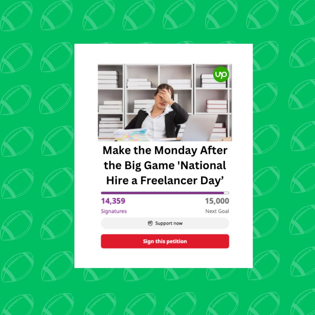 17.5M employees miss work the Monday after the #BigGame resulting in businesses losing billions. 🤯 That's why <a href="/Upwork/">Upwork</a> is launching a petition to make that day #NationalHireAFreelancerDay." Sign the petition and get covered with top freelancer talent: 🔗 spr.ly/HireAFreelance…