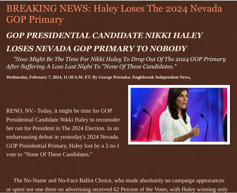 ArtFletcher9's tweet image. Wednesday, February 7, 2024
#BREAKINGNEWS: @NikkiHaley  #Loses The 2024 @Nevada #GOPPrimary @GOP  #PRESIDENTIAL #CANDIDATE #NIKKIHALEY LOSES #NEVADA #GOP #PRIMARY TO #NOBODY @2024_Election @wireless_step @HRG_Media @LodiNJNews @Breaking911 @Breaking24_7 @EnglebrookINews