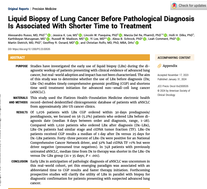 A new study shows:
Early use of liquid biopsy 🩸🧬🩸🧬before diagnosis can speed up genomic profiling & treatment for advanced non-small-cell lung cancer patients.
@ASCO @ChristianRolfo @geoff_oxnard @isliquidbiopsy @OncoAlert 
doi.org/10.1200/PO.23.…
