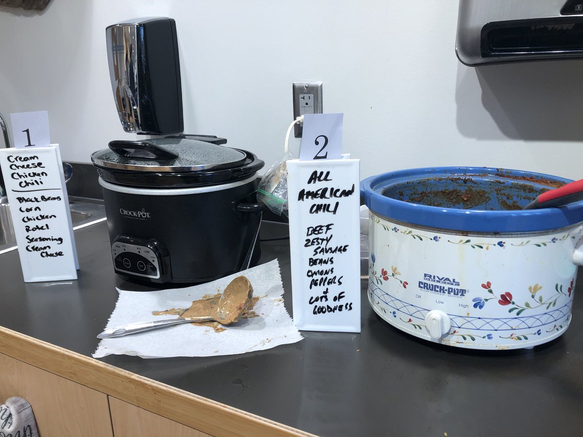 VBParksGuy's tweet photo. Our annual office chili contest. Sooo many to taste! Surprisingly my vote was for the Cream Cheese Chicken Chili (wow was it good!) which came in second. Sweet and Spicy Chili took top honors. Love our various luncheons/pot lucks! https://t.co/N6OlNk26ty