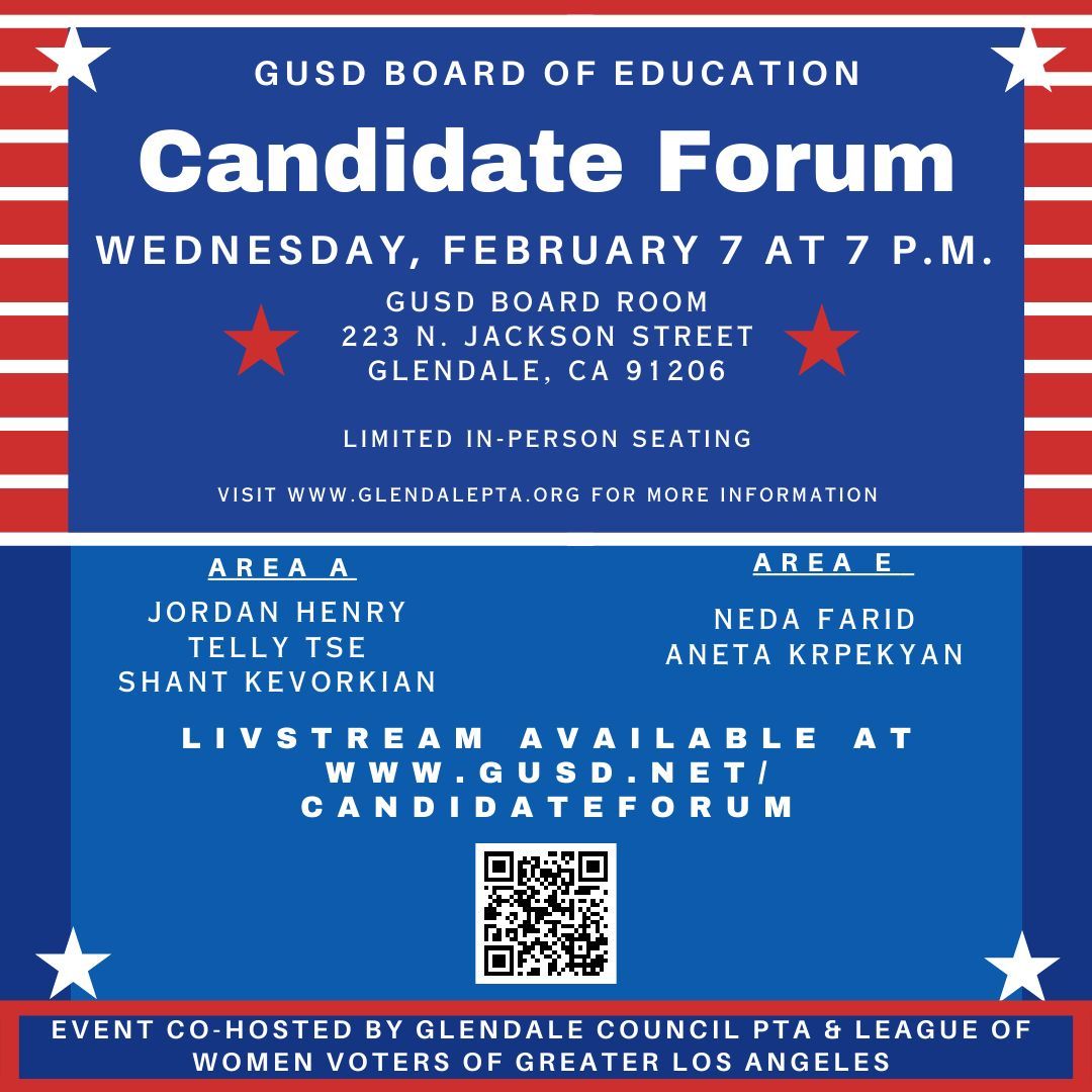 glendalepta's tweet photo. Don't forget to watch tonight's @GlendaleUSD School Board Candidate Forum hosted by the Glendale Council PTA and League of Women Voters of Greater Los Angeles. The event will be live-streamed at 7 p.m. at: https://t.co/1SchBQ2kx6 https://t.co/KRUrQLDNB6
