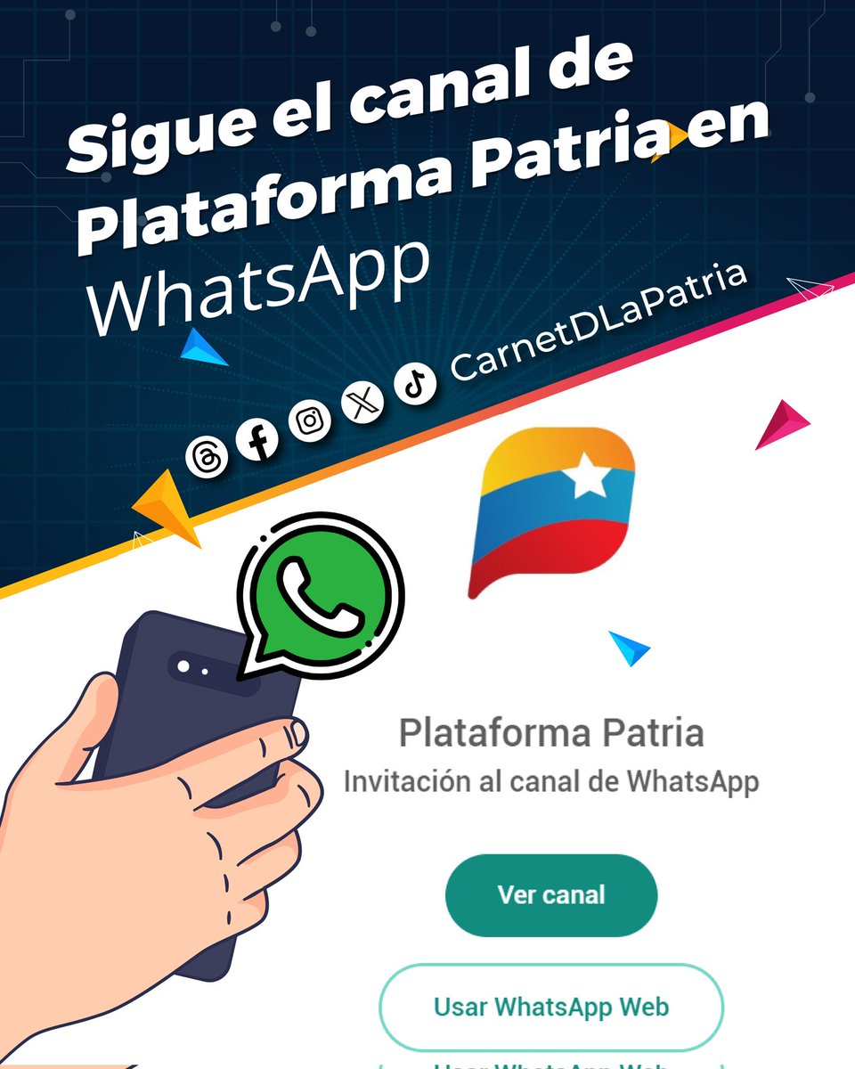 #Atención|| El #SistemaPatria te invita a que sigas el canal de la #PlataformaPatria en WhatsApp: whatsapp.com/channel/0029Va…
☝🏼Dale Click al enlace.

#7TEnUniónYEsfuerzo #7Feb