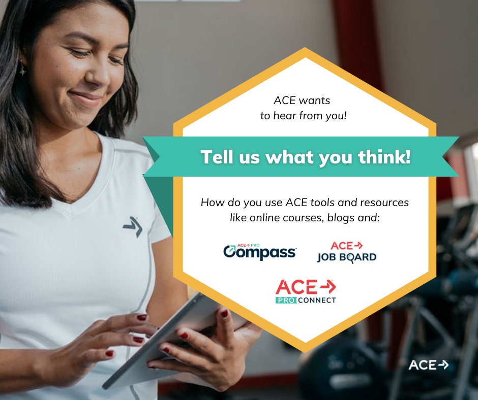acefitness's tweet photo. Have you used ACE tools and resources like online courses, blogs, ACE Compass, Job Board and ACE Pro Connect? 

Tell us what you think! 

Send us a direct message or email us at CorpComms@acefitness.org. https://t.co/sUli4PAwqX