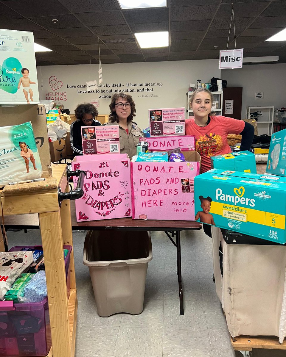 Kudos to Eagle Scouts Autumn & Alice for hosting a Helping Mamas supply drive! Their creativity and community spirit is inspiring. Thanks, Autumn & Alice! 👏 #HelpingMamas #BabySupplyBankGA #HMATL #CommunityService #YouthLeadership