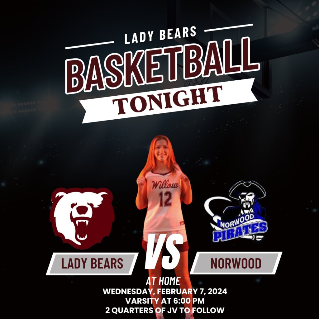Lady Bears Basketball tonight at home versus the Norwood Lady Pirates.  The night will begin with the Varsity contest at 6:00 PM, followed by two quarters JV.

Go Bears!!!