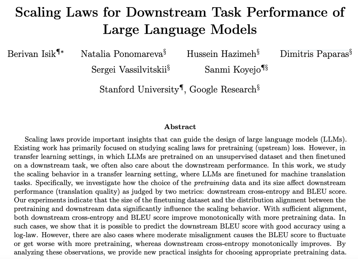 Very excited to share the paper from my last @GoogleAI internship: Scaling Laws for Downstream Task Performance of LLMs. arxiv.org/pdf/2402.04177… w/ Natalia Ponomareva, @hazimeh_h, Dimitris Paparas, Sergei Vassilvitskii, and @sanmikoyejo 1/6