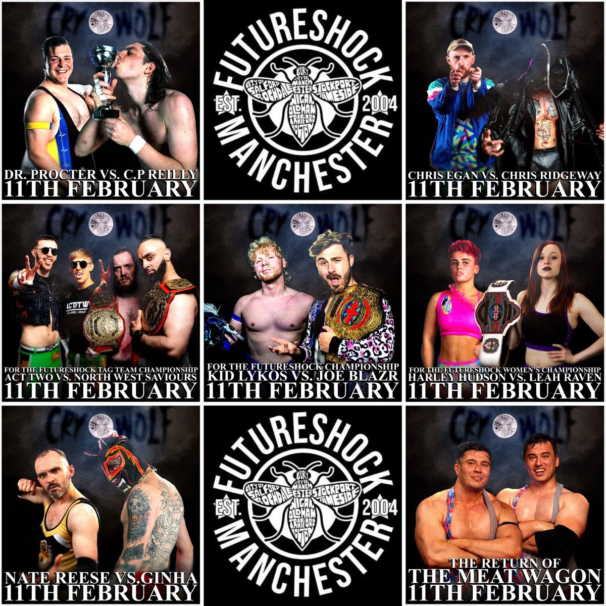 11/2 @FutureShockWres 

■ @JoeBlazr V @KidLykos 
■ @harleyhudsonx V @The_LeahRaven 
■ @SweetPrinceBH/@jackknudsen01 V @rizmankhan_/@MaxBrooker15 
■ @DoctorProcterPW V CP Reilly
■ @chris_e_hq V @chrisridgeway__ 
■ Nate Reese V @Ginha_pw 

🥩🚃 @RyanBartram/@canders_daniels