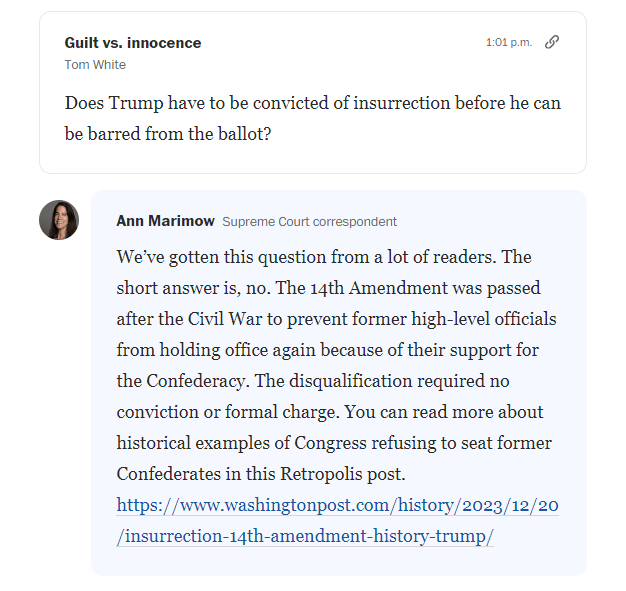 Our reporters are live answering your questions ahead of the hearing that could decide whether Trump is eligible for the presidency. Ask your own question and see our responses here: wapo.st/3w6mRTf