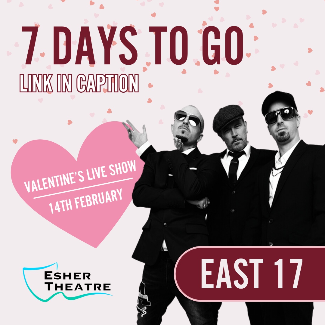 7 days until East 17 takes the stage! 💘 Secure the ultimate Valentine's gift with a ticket to the show. Join the countdown and make this February 14th unforgettable! #East17Valentines #CountdownToLove Buy Tickets Here - eshertheatre-tickets.ticketsolve.com/ticketbooth/sh…