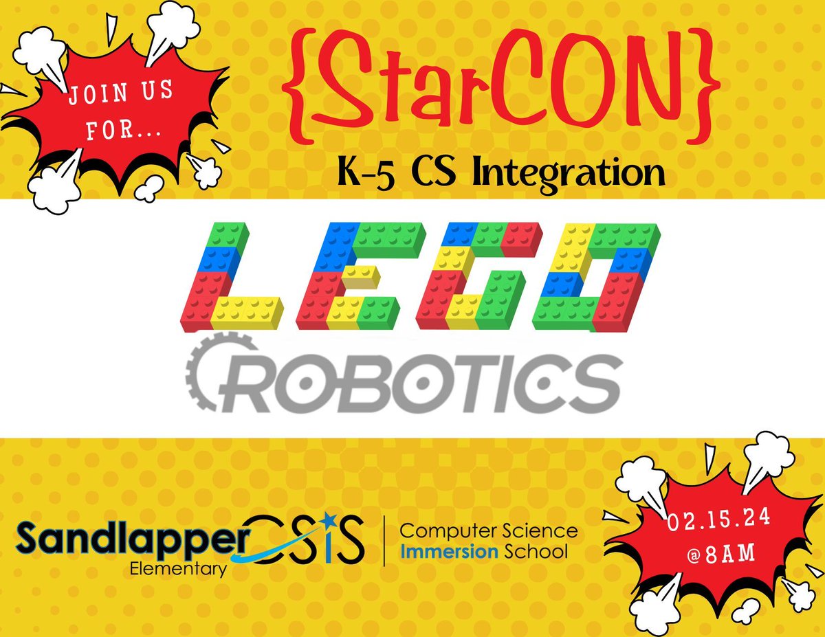 Join us at Sandlapper on Feb. 15th at 8am for our exciting Lego Robotics StarCon event! Whether you're a beginner or an expert, there will be something for everyone to enjoy. Mark your calendars and see you there! #OurStarsLoveCS #StarsCode