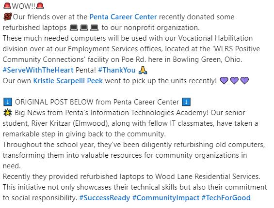 WLRS1979's tweet photo. 💖WOW!!!!!!  
🙏Thank You @pentacareerctr!  YOU are making a #DIFFERENCE in this community!  Helping the adults with Developmental and/or Intellectual Disabilities is our mission - and your generous support is helping us succeed! 💜💜💜 https://t.co/ept09fjf8E