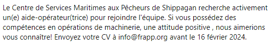 RDEENB_Emploi's tweet image. La Fédération d'associations autonome de pêcheurs semi-hauturiers connue comme la Fédération régionale acadienne des pêcheurs professionnels (#FRAPP) recrute !
#EmploiNB