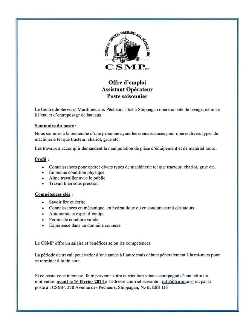 RDEENB_Emploi's tweet image. La Fédération d'associations autonome de pêcheurs semi-hauturiers connue comme la Fédération régionale acadienne des pêcheurs professionnels (#FRAPP) recrute !
#EmploiNB