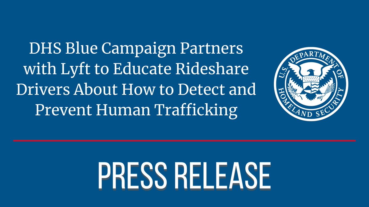 NEW: Today, the @DHSBlueCampaign and @Lyft announced a new education program that will help drivers on the Lyft platform in the United States and Canada detect and prevent human trafficking. Learn more: dhs.gov/news/2024/02/0…