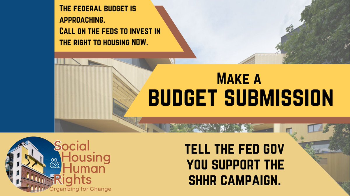 Help us make social housing center stage in the 2024 budget. Send SHHR's submission to the federal pre-budget consultations! Pre-budget submission template: tinyurl.com/2ssp7rah Send it in under 'make a formal submission': tinyurl.com/3bj5jspb #housingisahumanright