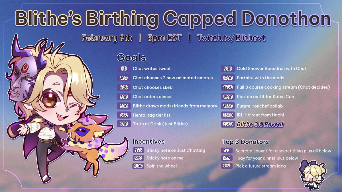 🌺STREAM ANNOUCEMENT  
👹Oni man's Birthing  
↪️Friday, 2/9 5PM EST  

so many collabs planned and so much pain...fuck i am old  

SEE YOU SOON💜
⤵️STREAM BELOW