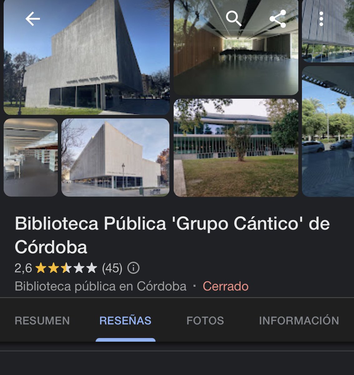 RafalcorS's tweet photo. Hoy sa inaugurao la mítica Biblioteca de “Los Patos” en Córdoba, tras má de 20 años desde el comienso de su construcción, pero en Google se podían haser reseñas de ella desde hace varios meses
¡Y no tienen desperdisio!😆

(abajo os dejo algunas de las que no han borrao) 🧵 https://t.co/kSKV9XY5RR