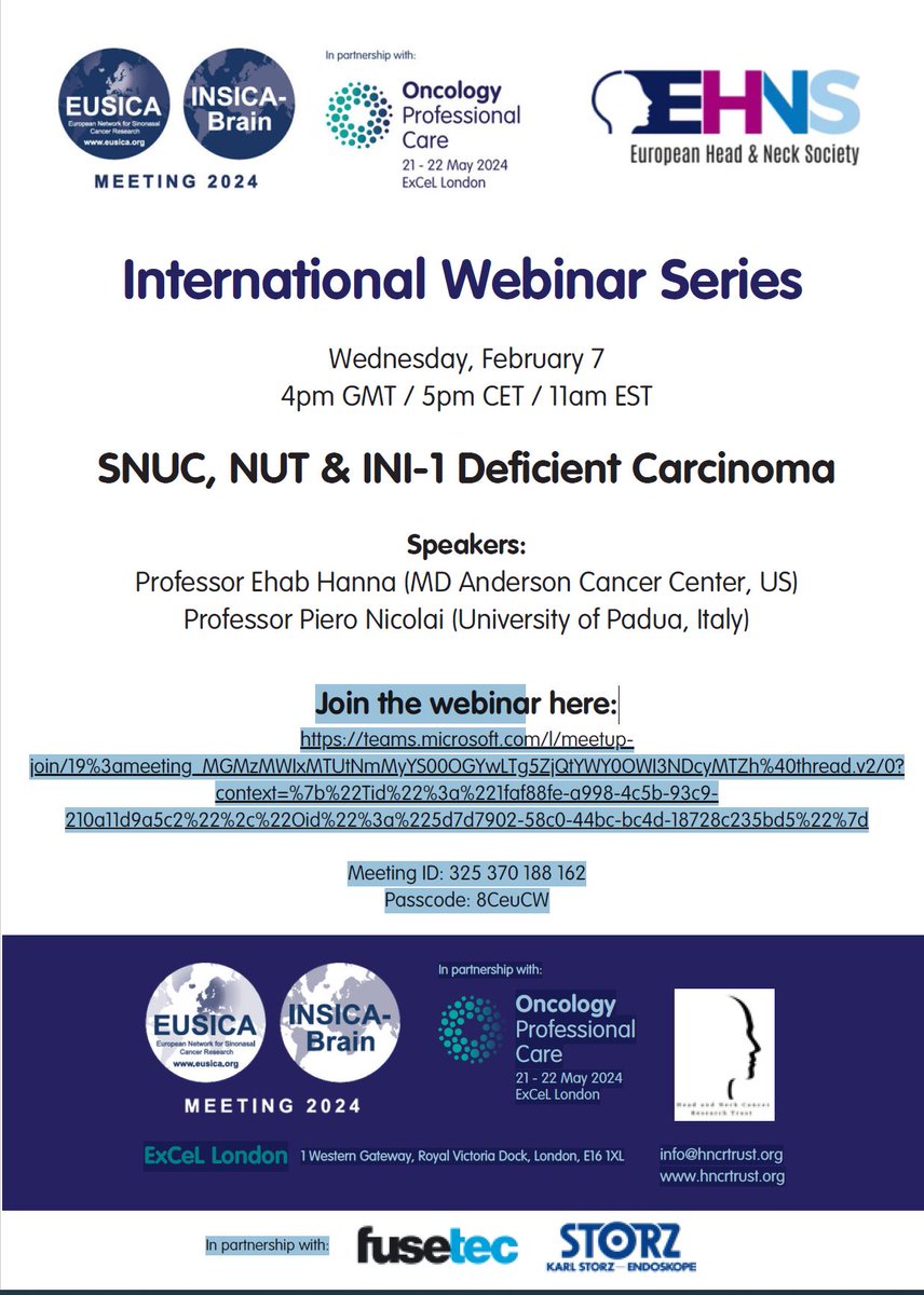 immunomodel's tweet photo. 📢 EUSICA consortium is inviting to join International Webinar Series on SNUC, NUT &amp; INI-1 Deficient Carcinoma
Speakers:
Professor Ehab Hanna (MD Anderson Cancer Center, US)
Professor Piero Nicolai (University of Padua, Italy)
Welcome to join! https://t.co/jWD8HKcDhC