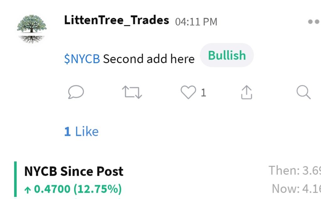 LittenTreeTrade's tweet image. $NYCB them adds where bang on 🔥🔥 #Bullish #TradingSignals #tradingstrategy #SwingTrading