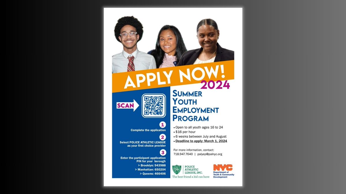🚀 Ready for a summer like no other? Apply to PAL’s 2024 Summer Youth Employment Program! Open to ages 16-24, running for 6 weeks in July-Aug. Deadline: March 1, 2024. Scan the QR code & select PAL as your provider. Don't forget your borough's PIN! #YouthJobs #Summer2024