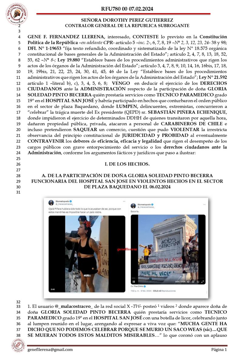 gene_llerena's tweet photo. COMPARTO denuncia a @contraloriacl por actuar infraccional de doña GLORIA PINTO BECERRA funcionaria HOSPITAL SAN JOSE quién habría participado en hechos infraccionales celebrando la muerte del ex presidente (QEDP) sr. SEBASTIAN PIÑERA E. el 06.02.2024 Plaza Baquedano. https://t.co/znkfID750V