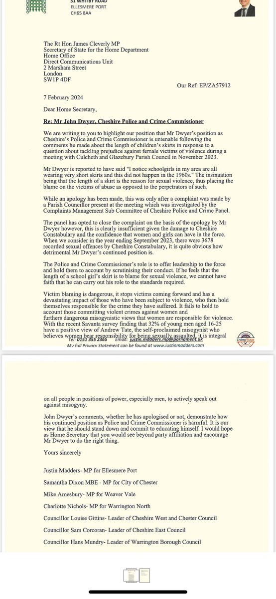 Hopefully his boss, the Home Secretary will see fit to condemn him and act- here is the letter from Cheshire MPs and Council Leaders to him