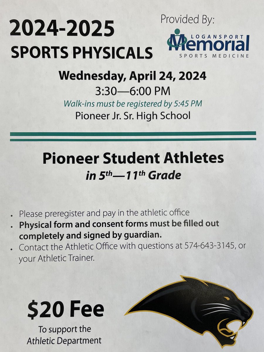 2024-25 Sports Physicals provided by ⁦@LogansportMH⁩ will be held at Pioneer Jr-Sr High School on Wed Apr 24 from 3:30–6 PM. This event will be for Pioneer students in grades 4–11. Please have paperwork completed prior to Wed Apr 24 &amp; cost will be $20 per athlete.