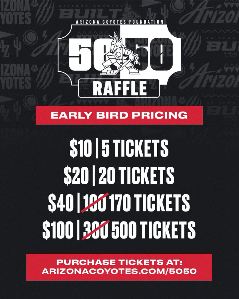 EARLY BIRD PRICING IS NOW AVAILABLE! Pricing ends tomorrow at 8:00am 💰
🔗: Arizonacoyotes.com/5050
