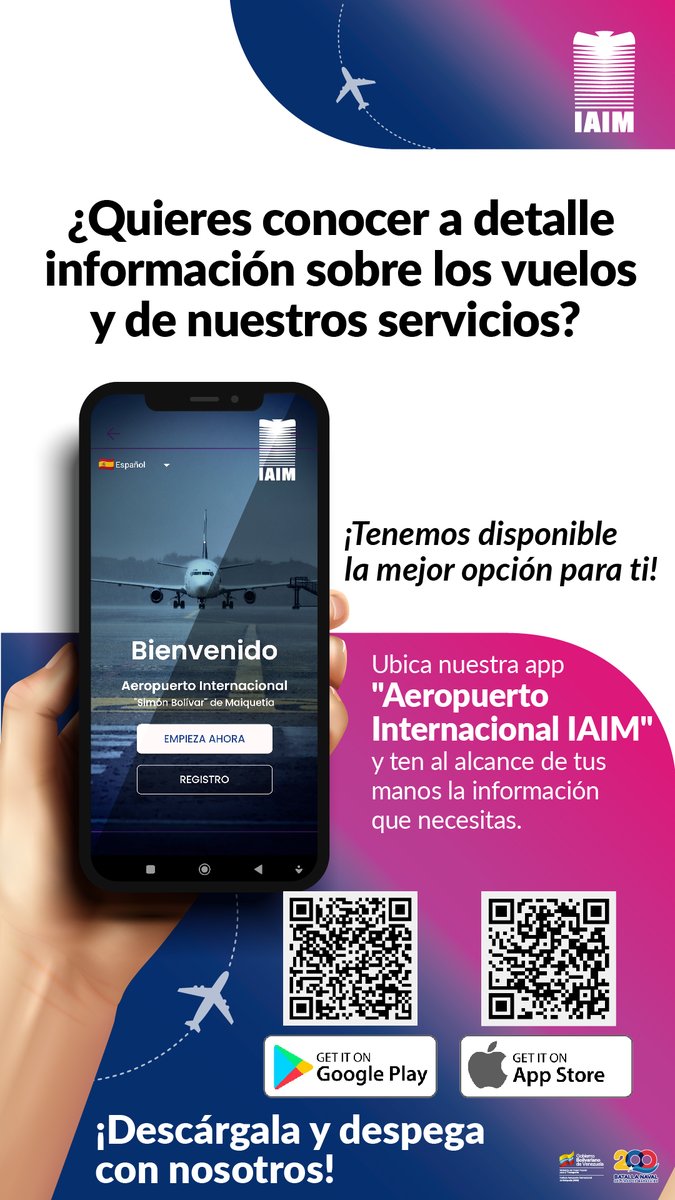 IAIM_VE's tweet photo. #IAIMApp || Despega junto al IAIM y planifica tu viaje desde el Aeropuerto Internacional "Simón Bolívar" de Maiquetía usando nuestra nueva app. Todo lo relacionado con el terminal aéreo a tu alcance. https://t.co/EfZKyIxIdE