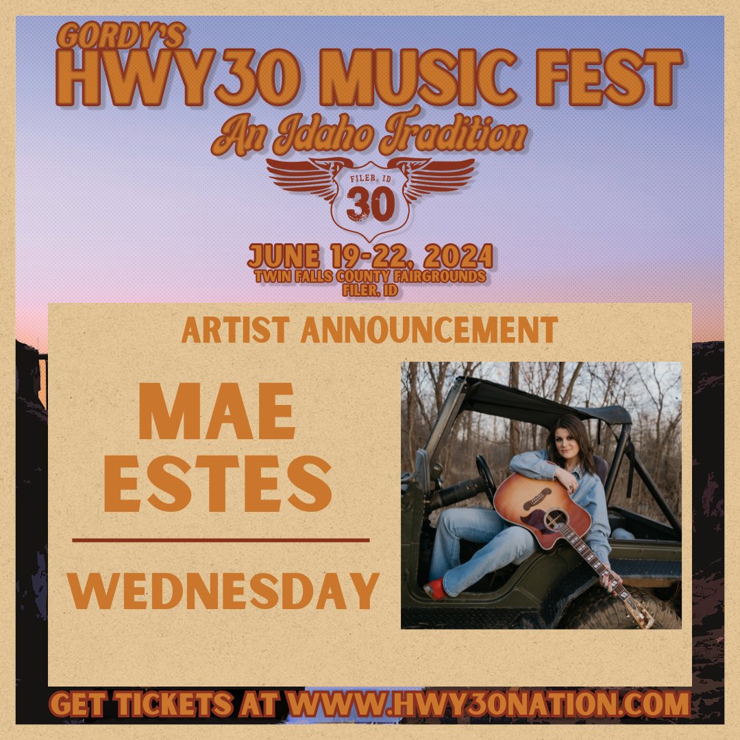 ‼️BAND ANNOUNCEMENT‼️

💥Y'all help us welcome MAE ESTES to the #Hwy30Family 

We are excited to add such an incredible artist to the Wednesday, June 19th lineup.   Secure your passes TODAY...  hwy30nation.com