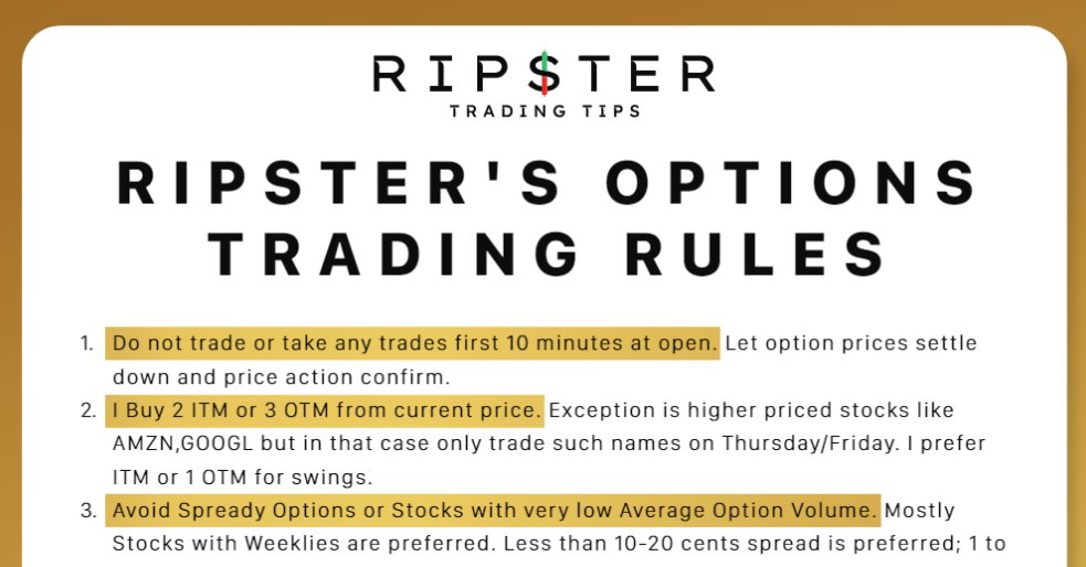 ripster47's tweet photo. 💡 #optiontips #TradingTips
Ripster's Option Trading Guide/Rules
Some points need to be updated but good baseline
https://t.co/IT5971qxqm https://t.co/8niG6NG1Yy