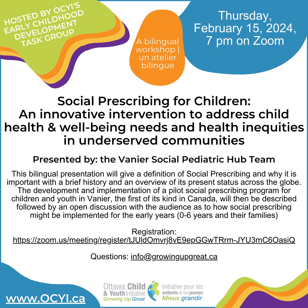 Happening next week! Do you work with children ages 0-6 and their families? OCYI’s Early Childhood Development Task Group invites you to attend an informative presentation on Social Prescribing! Hosted by the Vanier Social Pediatric Hub. Register today: zoom.us/meeting/regist…