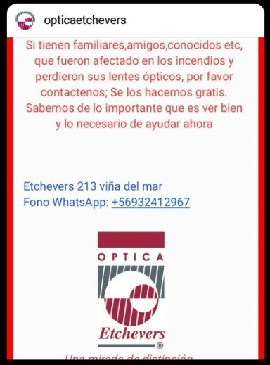 Angelamedinaga2's tweet photo. Óptica Echevers de viña del mar ofrece GRATIS,lentes ópticos para los damnificados 👇 https://t.co/0DIU2uMpBw