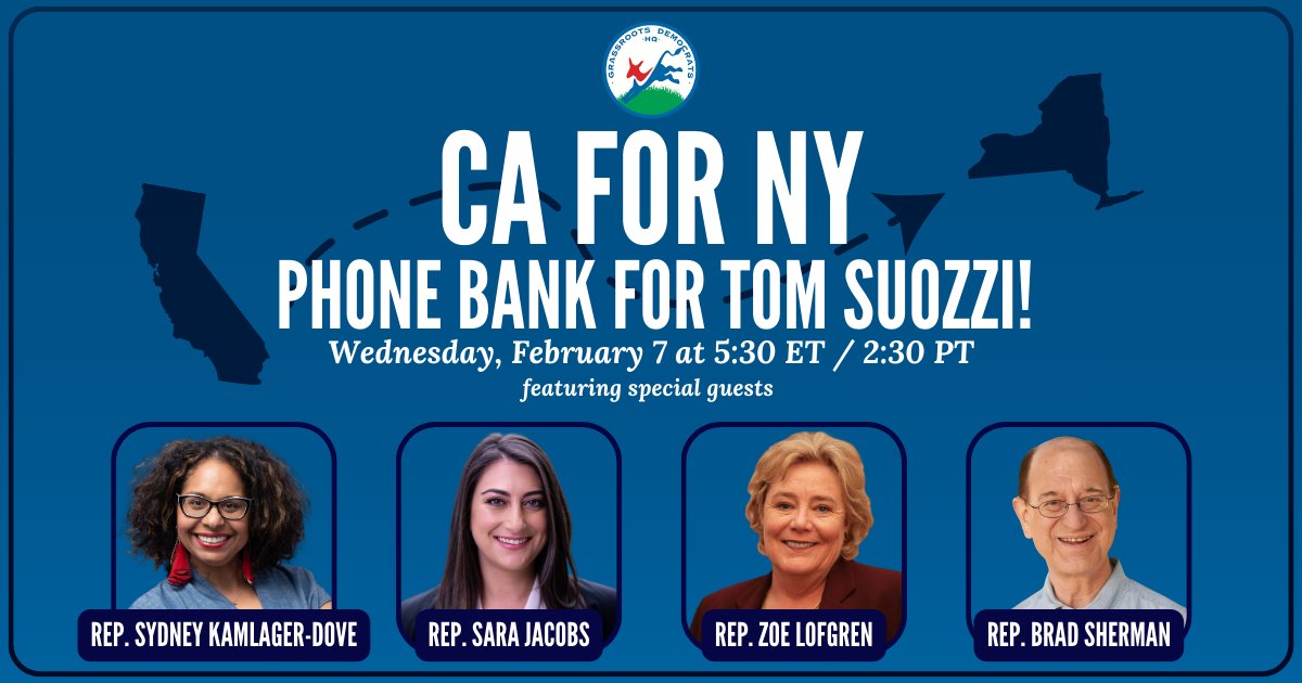 Join me and my colleagues <a href="/sydneykamlager/">Sydney Kamlager</a>, <a href="/SaraJacobsCA/">Sara Jacobs</a>, and <a href="/ZoeLofgren/">Zoe Lofgren</a> to phonebank for <a href="/Tom_Suozzi/">Tom Suozzi</a>. Sign up here - mobilize.us/grassrootsdemo…