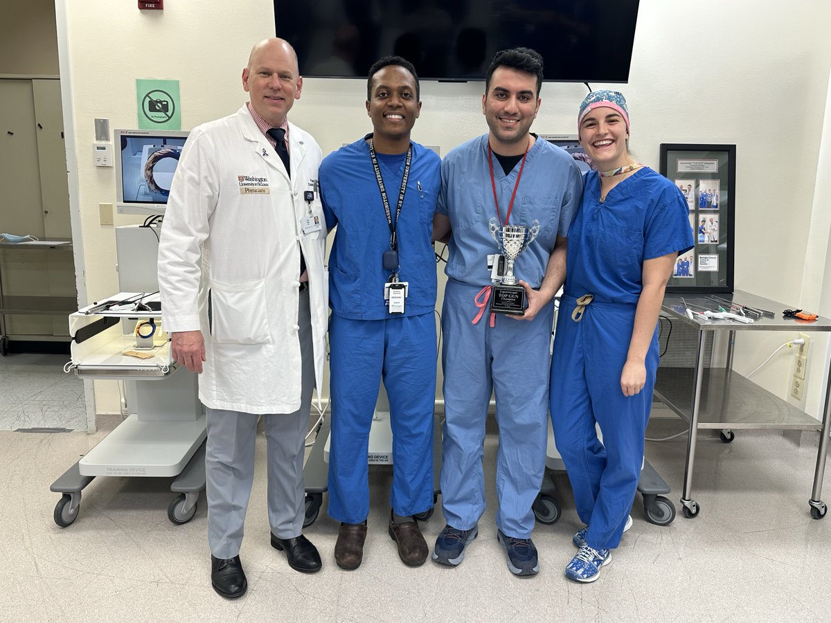 Today, our trainees duked it out in a series of laparoscopic skills challenges in the #WISEcenter for Top Gun 2024! Lab resident Usman Panni, MD, took first place with interns Natti Doilicho, MD, and Colleen Witty, MD, in second and third place respectively. Congratulations!