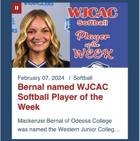 Congratulations to our very own Mackenzei Bernal!!🎊

Bernal enjoyed a stellar week for the Lady Wranglers. Overall, she batted .733 for the week, including five doubles, a triple, a home run and 12 RBI. She also scored 10 runs, drew a walk and recorded a stolen base.