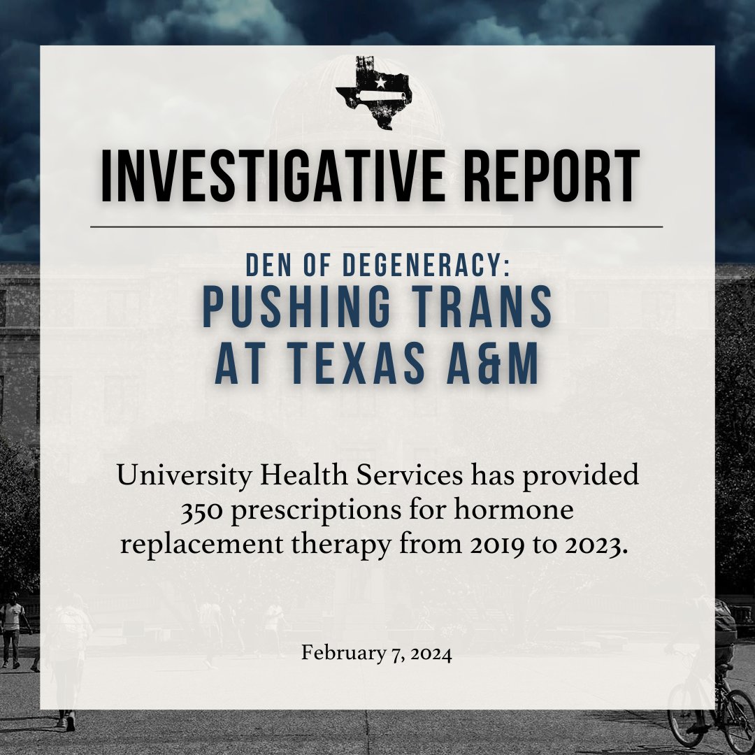 TexasScorecard's tweet photo. Transgender ideology is being pushed at Texas A&amp;M.

Events &amp; professors are actively promoting LGBT-ism on campus, men are allowed to identify as women in sports clubs, &amp; unsafe transgender services have been provided by University Health Services.

🔗: https://t.co/8xDLnbmp1q https://t.co/2sV2D4FcOe