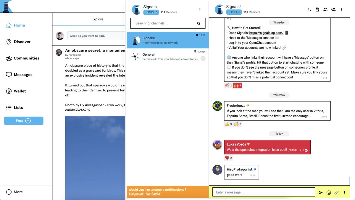 <a href="/signalsicp/">Signals</a>  is now allowing people to chat directly in their application through <a href="/OpenChat/">OpenChat ∞</a> 🔥😮 so you can chat with people on other network without even being in it's UI. I waited for the first project to implement this, would be cool if other projects follow so OC can became