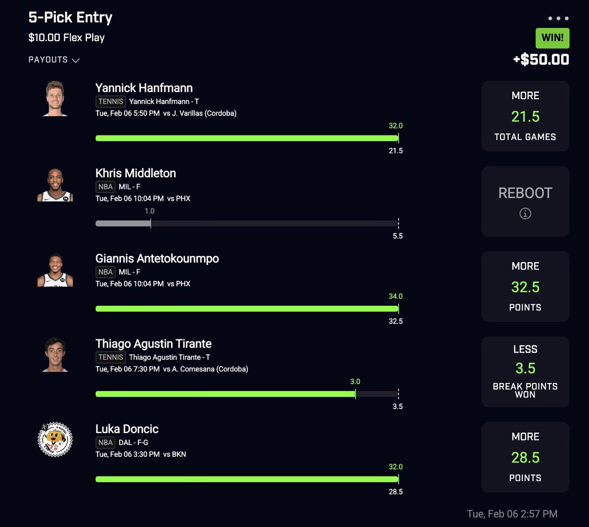 yobettabetta's tweet image. NBA X Tennis slip 5X🏀🎾 Middleton injury reboot🤕
ALL PICKS FROM @Precise_Props DISCORD🎯💻

#PrizePicks #EVbetting #GamblingTwitter #SportsBetting #GamblingX #NBA #NBATwitter #ATP #CordobaOpen #WTA #Bucks #Suns