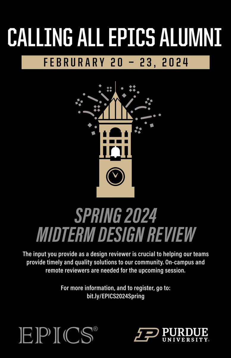 Calling all EPICS alumni! 🚂🚂 In less than 2️⃣ weeks, it is time for midterm design review. On-campus and virtual options are available. Sign up: bit.ly/EPICS2024Spring #PurdueEngineering #PurdueAlumni #boilermakers