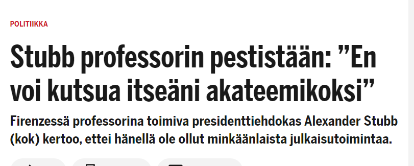 #Professorit Hei, @AlexStubb on ollut aivan avoin (alla IS 25.1.) Firenze-pestinsä luonteesta – ei ole esittänyt muuta.
Eri maissa tittelin 'professori' merkitys/ala vaihtelee. 
Tästä on aivan turha nostattaa kohua.
terv. vasemmistolainen professori 

is.fi/politiikka/art…