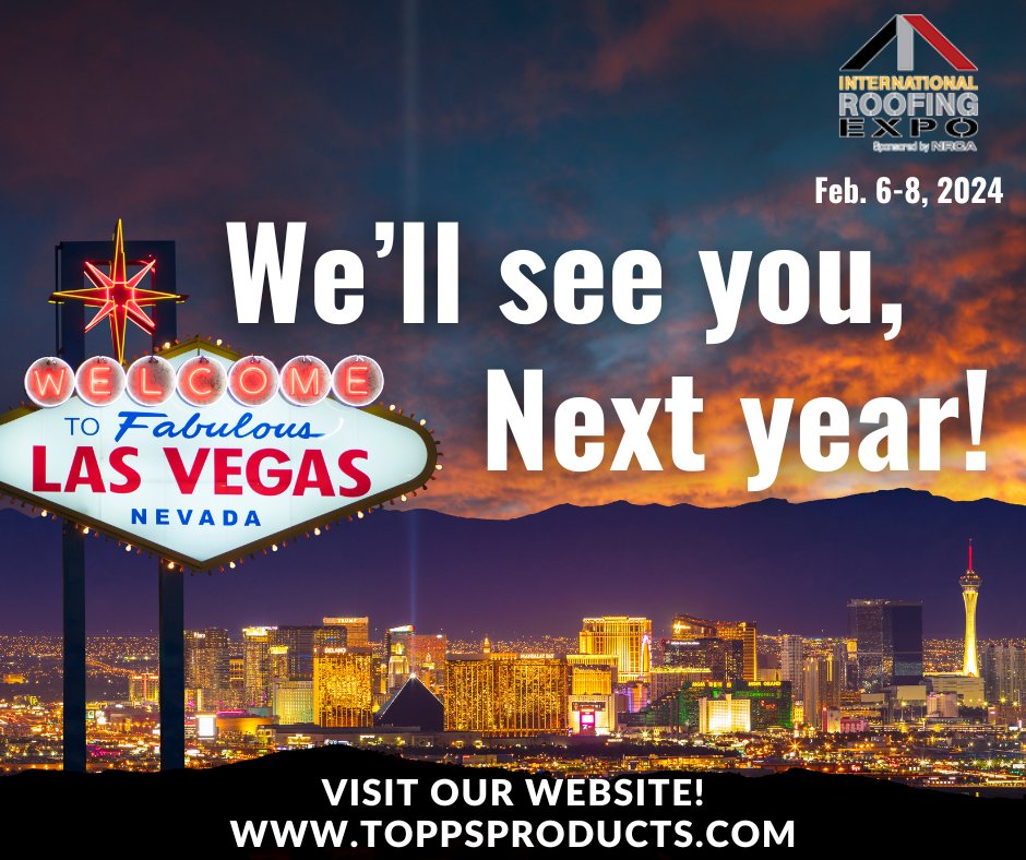 This year, we're pausing our usual IRE attendance. We're feeling a bit Las Ve-gassed out! 

#IRE2024 #Topps #CommercialRoofing #Roofing #contractor #buildingowners #commercialroofingproducts #Coatings #Sealants #Waterproof #Waterproofing #Coolroofs #roofingcommunty