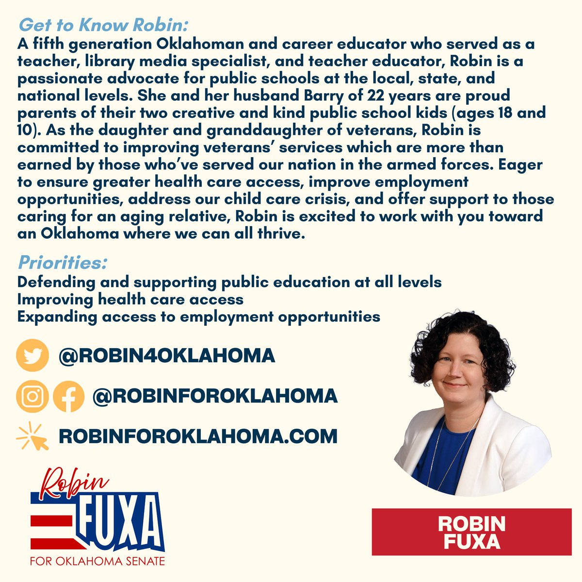 Meet Robin Fuxa, Democratic candidate running for Senate District 21! This is an open seat as the current Senator is terming out. Get to know Robin and follow her! #oksenatedems #SD21