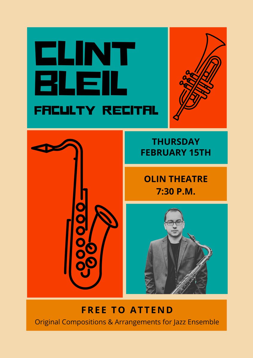 WJMusicDept's tweet photo. Check out the first Music Department event of the semester! Professor Clint Bleil will be having his Faculty Recital at W&amp;J College next week! He will be presenting his original compositions and arrangements for large jazz ensemble. Thursday, February 15th at 7:30 in Olin Theatre https://t.co/QUHju3rEKG