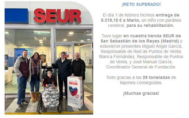 🔎 Los amigos de la Fundación @SEUR, que tanto ayudan a nuestro proyecto, también impulsan iniciativas realmente hermosas y gratificantes. 👀 Con la captación de 29 toneladas de tapones han podido reunir dinero para la rehabilitación de Mario, un niño con parálisis cerebral.