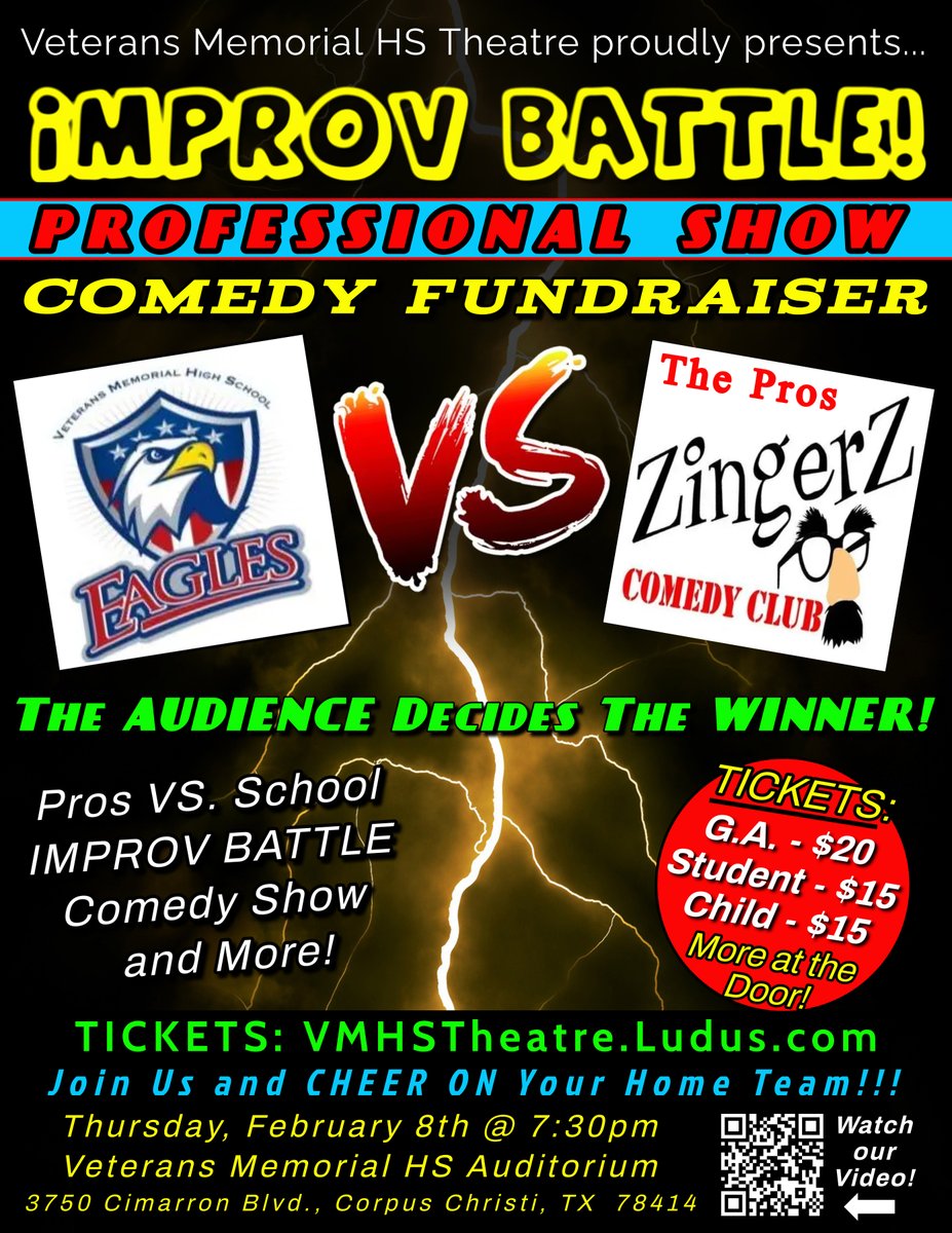 TOMORROW NIGHT! The VMHS Theatre Eagles, aka THE FOWL PLAYERS, take on the PROS from Zingerz Comedy Club in an EPIC IMPROV BATTLE! Help us raise money for our Theatre Department by filling the house or making a donation.  It's a good time for a good cause! VMHSTheatre.Ludus.com